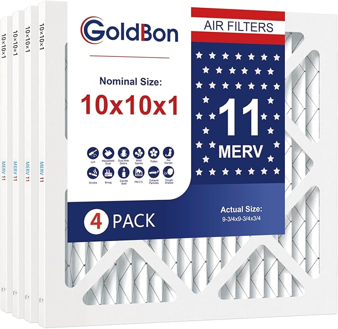10x10x1 Air Filter 4 Pack MERV 11 MPR 1000 FPR 7- GoldBon AC Filter USA Design- Electrostatic Pleated Air Conditioner HVAC AC Furnace Filters for Pollen, Smoke,Pet Dander