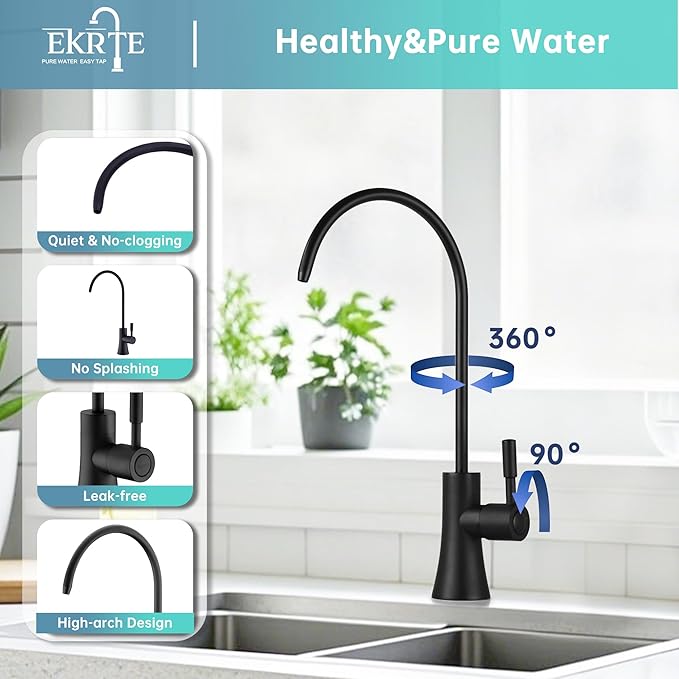 EKRTE Matte Black Drinking Water Faucet for Kitchen Sink, Stainless Steel Kitchen Water Filter Faucet,Commercial Water Filtration Faucet for Under Sink Water Filter System, RO Faucet in Matte Black