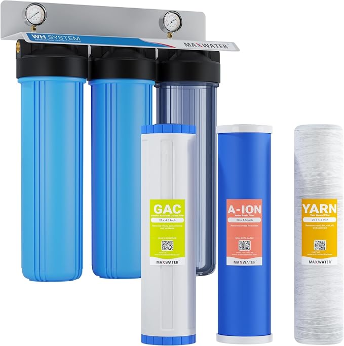 Max Water 3 Stage Whole House Water Filter System Nitrate Removal - 20" x 4.5" Wound Sediment + Anion Resin Nitrate Reduction + GAC - 1" Inlet/Outlet