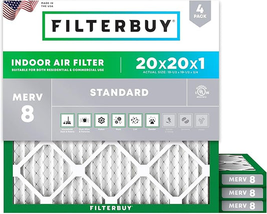 Filterbuy 20x20x1 Air Filter MERV 8 Essential Dust & Allergy Defense (4-Pack), Electrostatic Pleated HVAC AC Furnace Filters Replacement (Actual Size: 19.50 x 19.50 x 0.75)