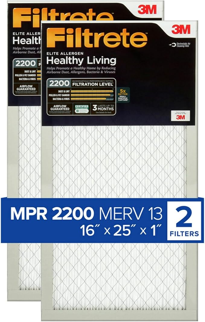Filtrete 16x25x1 AC Furnace Air Filter, MERV 13, MPR 2200, Elite Allergen, Bacteria & Virus Filter, 3-Month Pleated 1-Inch Electrostatic Air Cleaning Filter, 2-Pack (Actual Size 15.69x24.69x0.78 in)