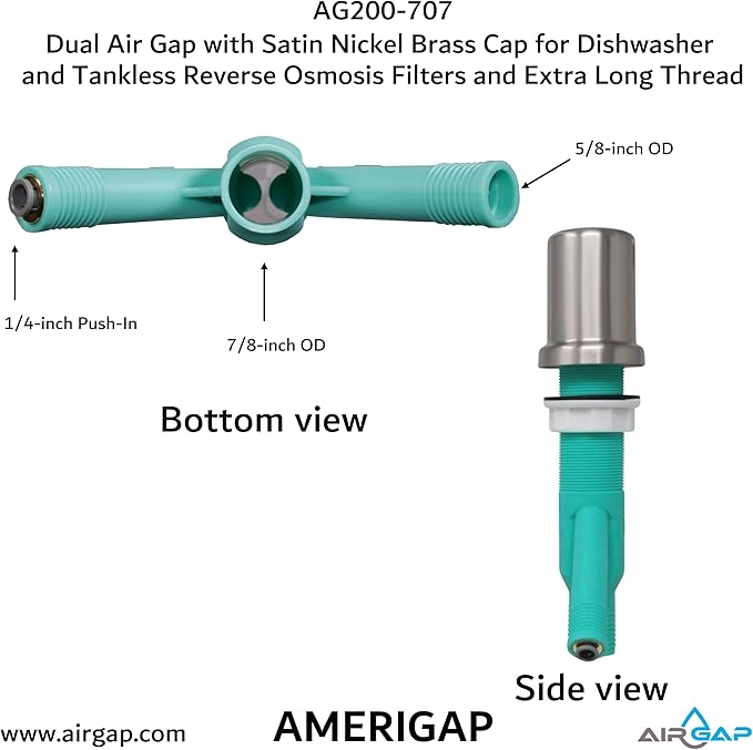 Dual Air Gap with Satin Nickel Brass Cap for Dishwasher and Tankless Reverse Osmosis Filter and Extra Long Thread (AG200-707, AG200-X07, AMERIGAP)