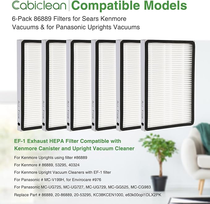 6-Pack 86889 HEPA Filters for Sears Kenmore EF-1 Vacuums & Panasonic Uprights Vacuums