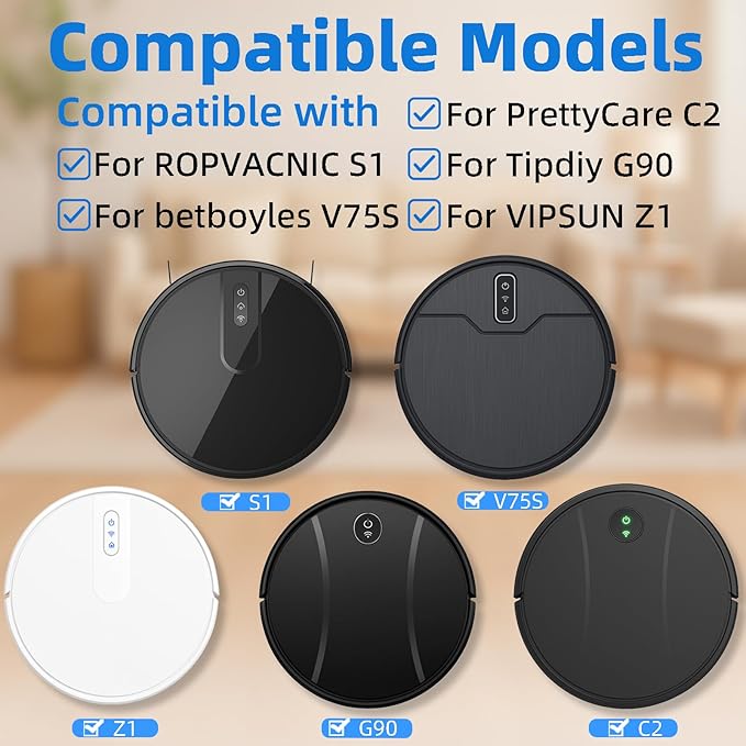 Accessories Kit for ROPVACNIC S1, for Tipdiy G90, for betboyles V75S, for VIPSUN Z1, for PrettyCare C2 Robot Vacuum Replacement Parts, 6 Side Brush, 3 HEPA Filter, 3 Mop Pad