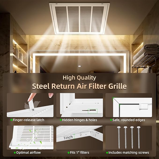 Fancat Return Air Filter Grille for 20x20 Ducts, Steel Vent Cover Grille with Removable Door for 1“ Filters | Suitable for Sidewall & Ceiling | White Coating | Outer Dimensions: 22 5/8” W x 22 5/8" H