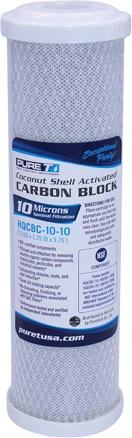 PureT HQCBC-10-10, 10x2.5" Coconut Carbon Block Filter - NSF Certified - Cononut Shell Activated Carbon removes Chlorine, Dirt and More (10 u Micron Rated)