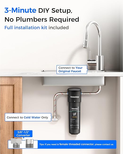 Waterdrop 10UA-UF 0.01 μm Ultra Filtration Under Sink Water Filter System, 1 Year, Reduces Lead, Chlorine, Bad Taste & Odor, Direct Connect to Kitchen Faucet, USA Tech