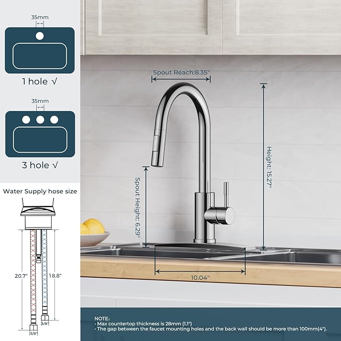 FORIOUS Chrome Kitchen Faucet with Pull Down Sprayer, High Arc Modern Classic Sink Faucet Stainless Steel with Deck Plate Fit for 1 or 3 Hole for Pot Filler Bar Farmhouse Laundry Rv