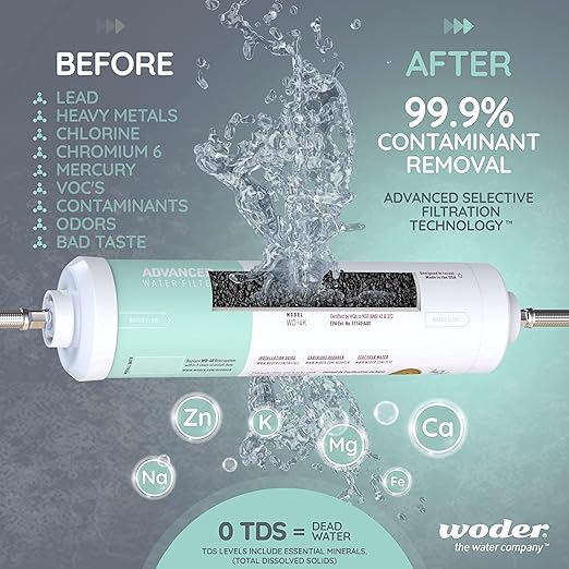 Woder WD-GEN4-2512-DC (New WD-10K-DC) Under Sink Water Filter w Direct Connection to Main Faucet. WQA Certified. Removes Chlorine, Lead, Heavy Metals, Contaminants. USA Made