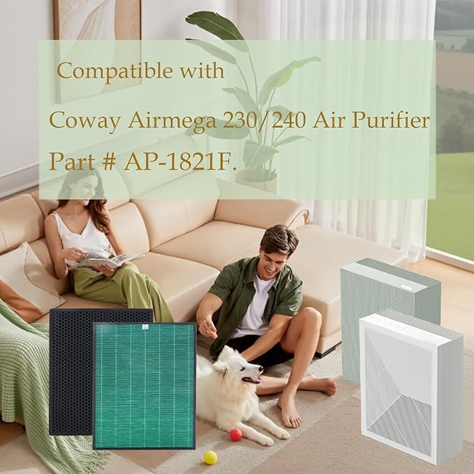 Airmega 230 Filter True HEPA for Coway Airmega 230/240 Air Purifier (AP-1821F) with Max 2 Green HEPA and Active Carbon Clean Dust Hair - Used for Home Large Room - 2 Pack Part # 3111151