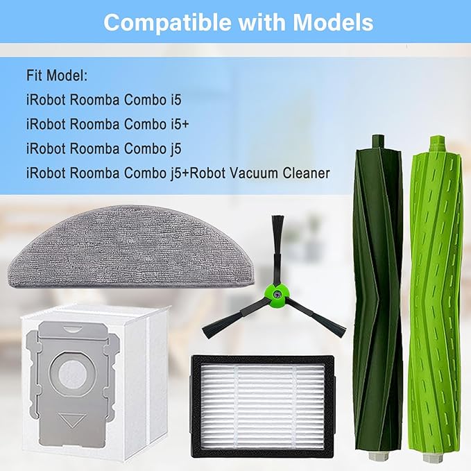 Replacement Parts Accessories for iRobot Roomba Combo i5, i5+, j5, j5+ Robot Vacuum Cleaner, 1 Set of Roller Brush & 4 Filters & 4 Mop Pads & 4 Vacuum Bags & 4 Side Brushes