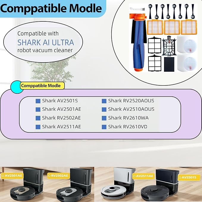 Replacement Kit Compatible with Shark AI AV2501S AV2511AE AV2501AE RV2502AE RV2610WA AV2510AOUS RV2520AOUS RV2400WD AI Ultra 2-in-1 Robot Vacuum,Accessiroes Include Main Brush,Filters,Side Brushes