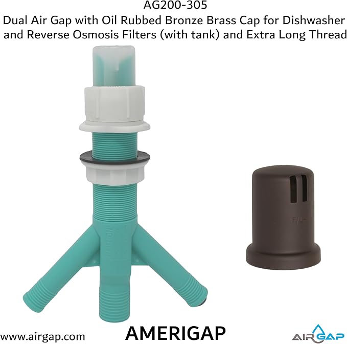 Dual Air Gap with Oil Rubbed Bronze Brass Cap for Dishwasher and Reverse Osmosis Filters (with tank) and Extra Long Thread (AG200-305, AG200-X05, AMERIGAP)