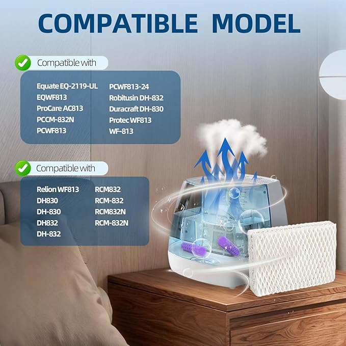 6 Pack WF813 Humidifier Filters Replacement for Equate Eqwf813 Eq-2119-Ul, Relion RCM-832 RCM-832N, ProCare PCCM-832N Cool Mist Humidifier Replacement Filter with 2 Pack Humidifier Tank Cleaners