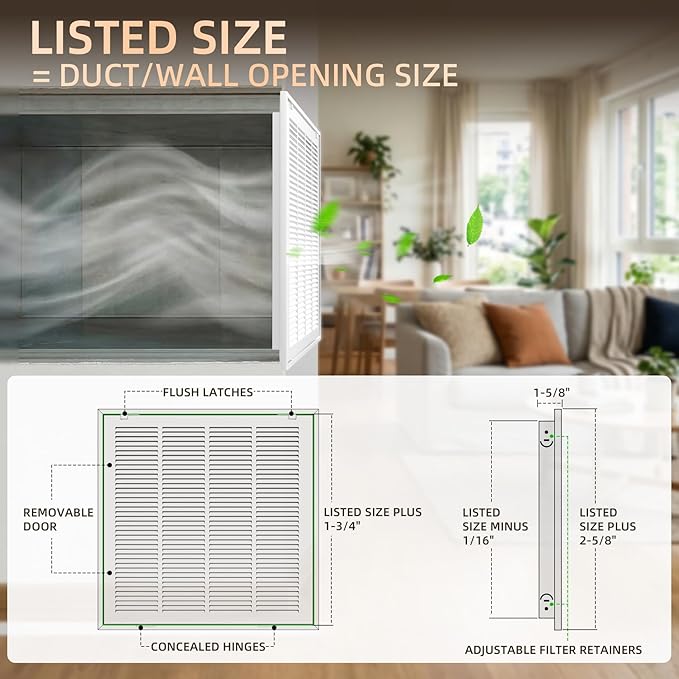 Fancat Return Air Filter Grille for 20x20 Ducts, Steel Vent Cover Grille with Removable Door for 1“ Filters | Suitable for Sidewall & Ceiling | White Coating | Outer Dimensions: 22 5/8” W x 22 5/8" H