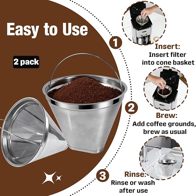 2-Pack Stainless Steel Coffee Filters Compatible with Cuisinart Coffee Maker, Fit for DCC 1200P1, 3200NAS, 3400NAS Models, Permanent & Reusable Cone Coffee Filters Basket Replacements
