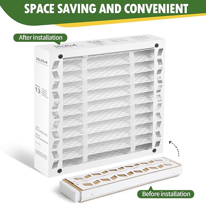 DerBlue 2PACK 16x25x4 MERV 13 Furnace Filter Replacement Compatible with Honeywell FC100A1029 Pleated HVAC,Foldable Design for Easy Installation & Space-Saving(Actual Size: 24.88 x 15.94 x 4.38 In)