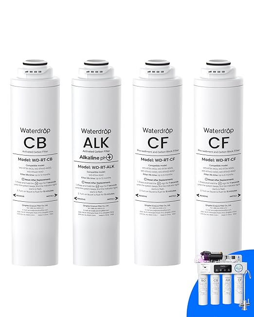Waterdrop 𝐓𝟒-𝐑𝐂𝐀 Filter, Replacement for Waterdrop 𝐓𝟒-𝐀 Reverse Osmosis System (𝐂𝐅*𝟐 + 𝐂𝐁*𝟏 + 𝐀𝐋𝐊*𝟏), 1-Year Combo