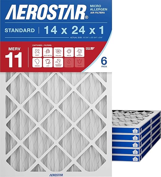 Aerostar 14x24x1 MERV 11 - 6 Count - Pleated HVAC, Furnace & Air Conditioner Filters - Removes Dust, Cold & Flu Germs, Lint, Mold, Pet Dander, Allergy-Causing Pollen, Smog & Smoke
