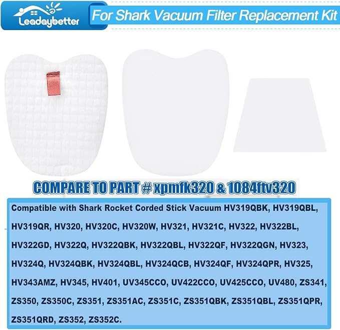Leadaybetter 8 Pre-Filters (4 Foam+4 Felt) and 4 Post-Filters for Shark Rocket Zero-M Ultra-Light Corded Stick HV345 ZS350 ZS350C ZS351 ZS351C ZS352 Vacuums, Replaces Part # XPMFK320 & 1084FTV320