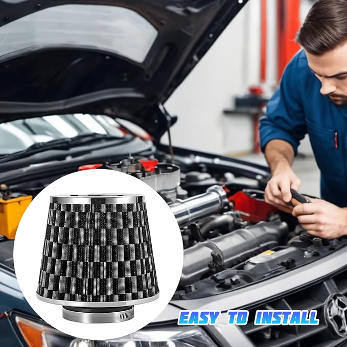 Clamp-On Car Air Intake Filter, 3 In/3.5 In/4 In Three Size High-Flow Washable Vehicle Air Cone Filter Cleaner, Round Tapered Auto Cool Cleaner Replacement, Universal Fit (Carbon Fiber Black)