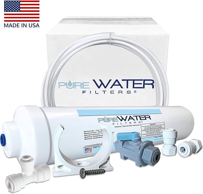 PureWater Filters Inline Water Filter Kit for Ice Maker with 1/4-Inch Direct Quick-Connect Fittings, Tubing and a T-Connector
