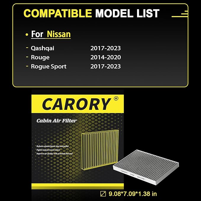 Cabin Air Filter w/Activated Carbon for 2017-2023 Nissan Qashqai, 2014-2020 Rogue, 2017-2023 Rogue Sport, 27277-4BU0A, 27277-4BA0A, 27277-5HA0A, CF11854