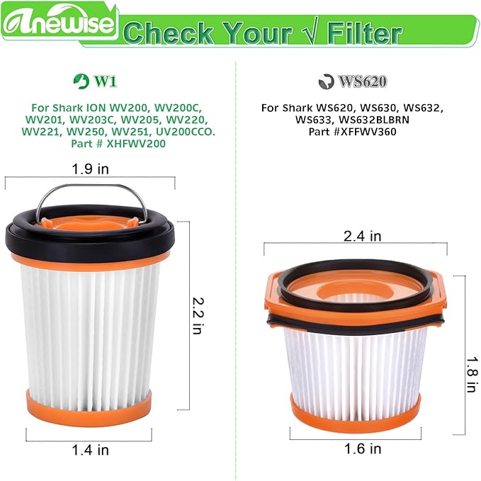 WV201 Filter Replacement for Shark Wandvac ION W1 S87 Cordless Handheld WV200 WV201 WV205 WV220 WV200C WV221 WV201BK Wand Stick Vacuum, 6 Pack Handheld Vacuum Filters, Part #XHFWV200