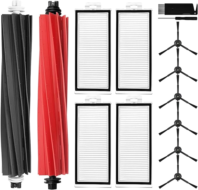 Replacement Parts Compatible with Roborock Q5 Pro / Q5 Pro+(Plus) / Q5 Max+(Plus) / Q5 DuoRoller+(Plus) / Q8 Max / Q8 Max+(Plus), 1 Dual Roller Brush, 6 Side Brushes, 4 Filters (12 Pack)