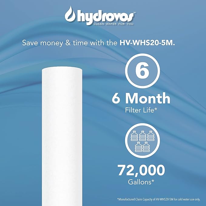 HYDROVOS 5 Micron 20" x 2.5" Whole House Water Filter, Universal Fit, 20-Inch Spun Wound Replacement Cartridge with 6 month Filter Life, NSF Certified Sediment Filter for Home Water Filtration System