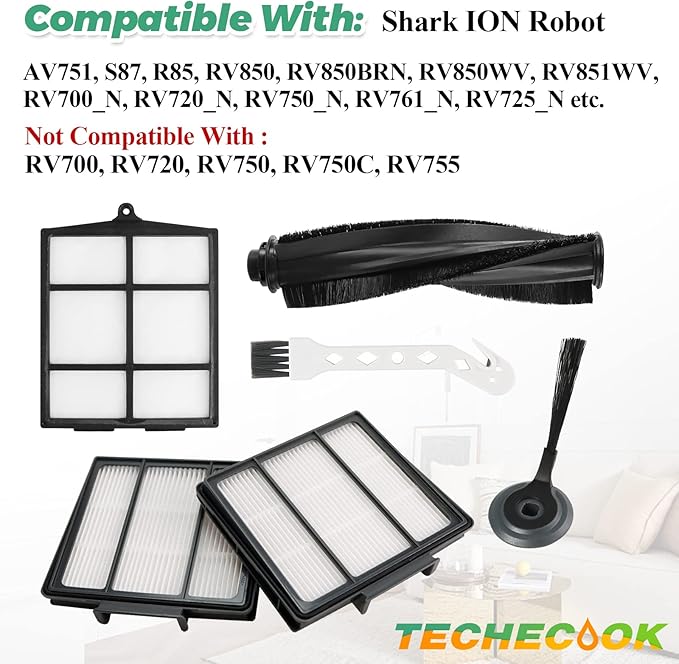 Replacement Parts for Shark ION Robot AV751 AV752 AV753 RV700_N RV720_N RV850 RV851WV Vacuum Cleaner Accessories by Techecook - 6 Side Brushes,3 Hepa Filter,1Main Brush,1 Filter Guard,1 Cleaning Brush