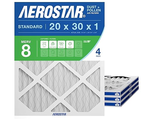 Aerostar 20x30x1 MERV 8 - 4 Count - High Efficiency Pleated HVAC, Furnace & Air Conditioner Filters - Removes Dust, Lint, Mold & Allergy-Causing Pollen