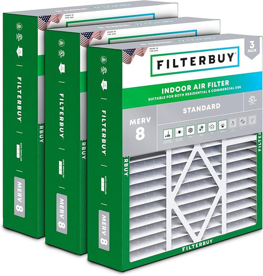 Filterbuy 20x25x5 Air Filter MERV 8 Essential Dust & Allergy Defense (3-Pack), Pleated HVAC AC Furnace Filters for Amana, Coleman, Goodman, Maytag, York, and More (Actual Size: 20.19 x 25.31 x 5.25)