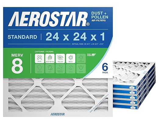 Aerostar 24x24x1 MERV 8 - 6 Count - High Efficiency Pleated HVAC, Furnace & Air Conditioner Filters - Removes Dust, Lint, Mold & Allergy-Causing Pollen