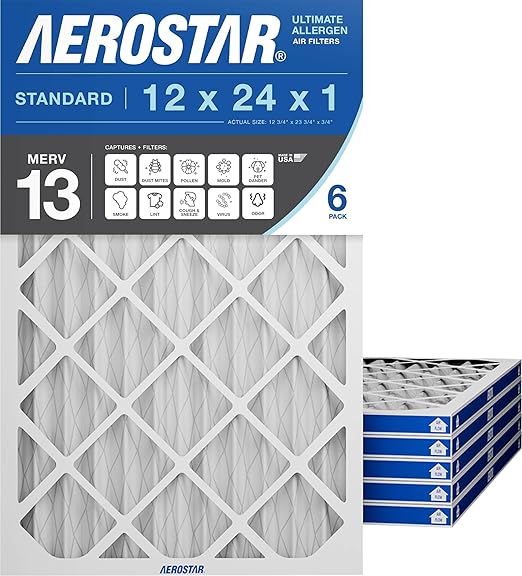 Aerostar 12x24x1 MERV 13 Pleated Air Filter, AC Furnace Air Filter, 6 Pack (Actual Size: 11 3/4" x 23 3/4" x 3/4")