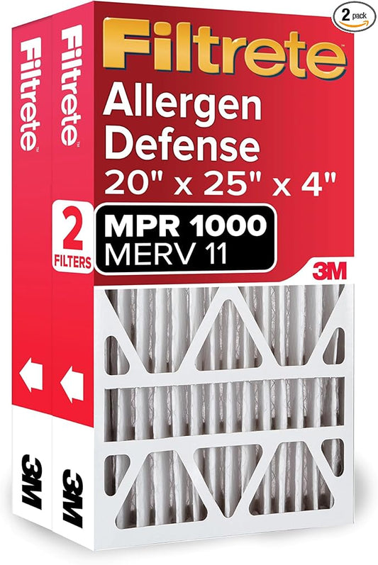 Filtrete 20x25x4 Air Filter MERV 11, MPR 1000 Micro Allergen Defense 2-Pack, Fits Honeywell & AprilAire, AC Furnace HVAC Filters for Home, Pleated Electrostatic (Actual Size 19.88 x 24.63 x 4.31 in)