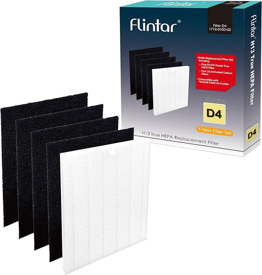 Flintar D480 Filter D4, Compatible with Winix D480 Air Purifier, H13 Grade Filtration and 4 Activated Carbon Filters, Item Number 1712-0100-02, D4-Filter