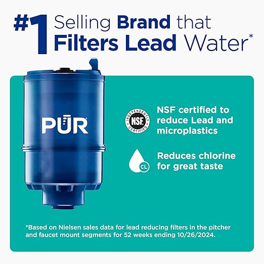 PUR PLUS Vertical Faucet Mount Water Filtration System, Lead-Reducing Filter, Great-Tasting Water, Easy Install, Lasts 100 Gallons, Compatible with Sinks with External Aerators, Chrome