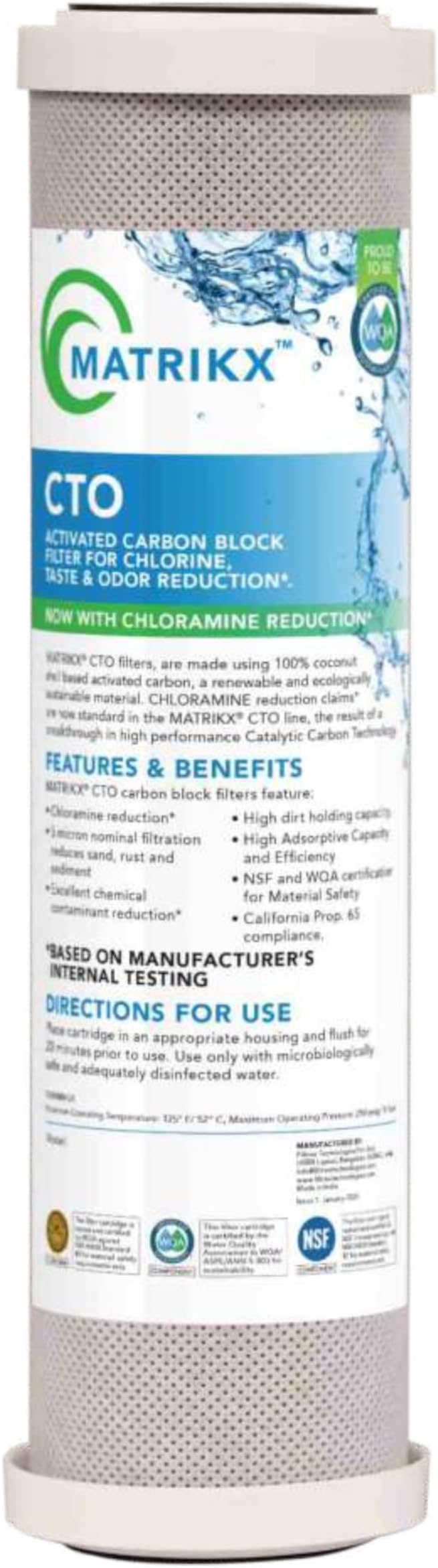 Matrikx 10 inch CTO Carbon Block Filter now with Chloramine Reduction, 2.5 inch x 10 inch, 32-250-10-MATRIKX, Gray