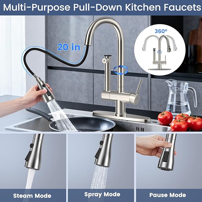FEELSO Kitchen Faucets with Filtered, Stainless Steel Filter Kitchen Faucet with Pull Down Sprayer Reduces Lead, Chlorine, Bad Taste & Odor,High Arc Kitchen Sink Faucet 1 or 3 Hole for Farmhouse