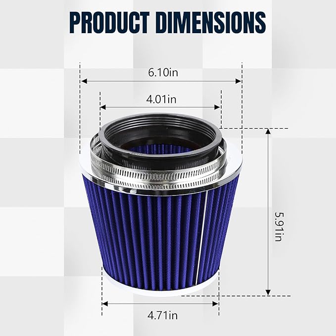 Hovom Universal Clamp-On Air Intake Filter, 76 89 102MM (3/3.5/4in) High Flow Round Tapered Cold Air Intake Filter, High Performance, Washable & Reusable, Engine Filters Replacement (Blue)