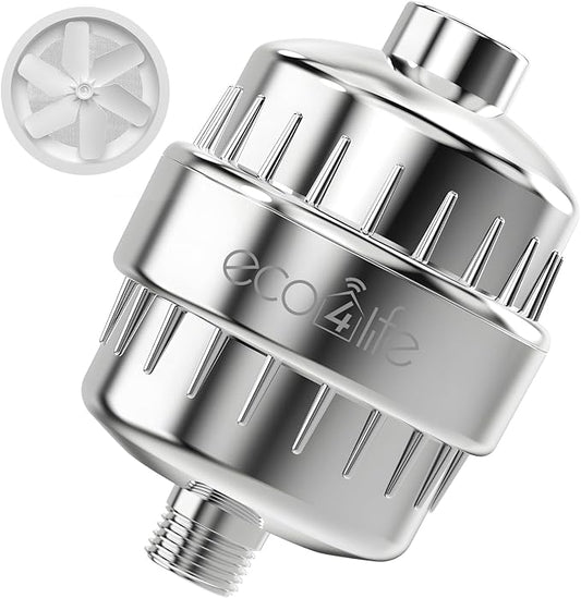 eco4life Shower Filter - 25 Stage Shower Head Filter for Hard Water, Reduces 99% of Heavy Metal, Improves Skin & Hair, Built-In Turbine Fan, Fits Most Bathroom, Bathtub Showers (1 filter)
