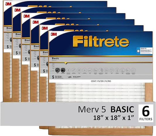 Filtrete 18x18x1 Air Filter, 3M MERV 5 HVAC AC Furnace Filter Replacement, 6-Pack (Actual Size 17.81x17.81x.88 in)