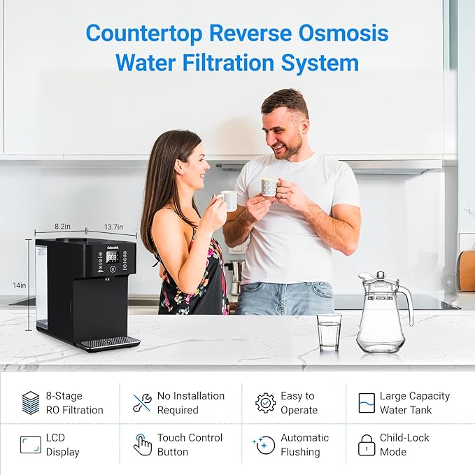 Countertop Reverse Osmosis Water Filter System, Cobectal 8 Stage RO Water Purifier, 4:1 Pure to Drain, Reduce TDS, No Installation Required, Desktop Water Filter for Home, Office, RVs, Black