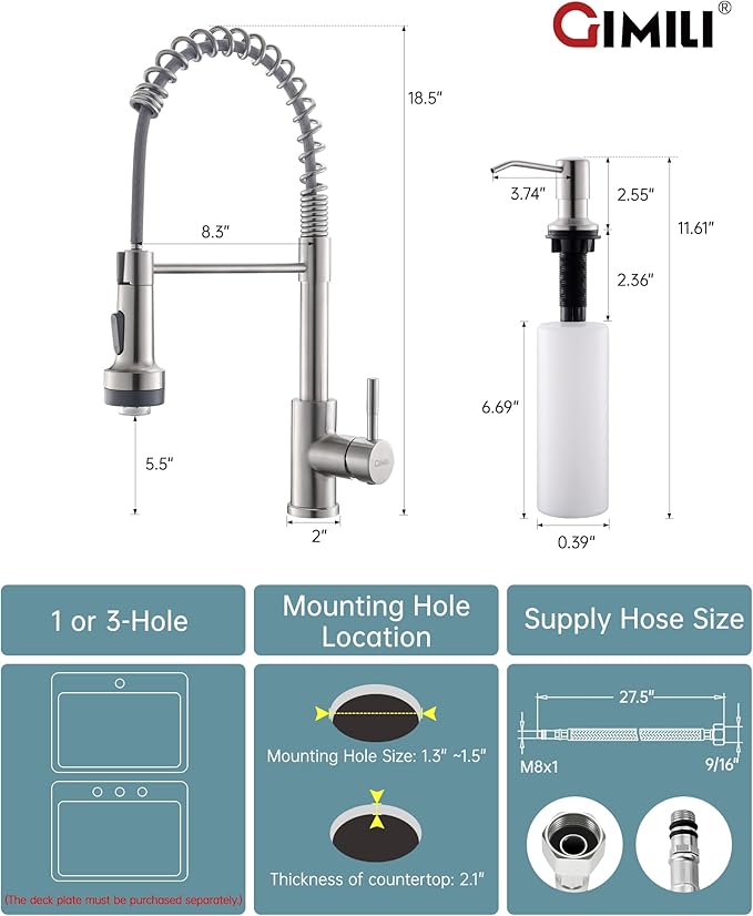 GIMILI LED Kitchen Faucet with Soap Dispenser, Modern Single Handle Spring Kitchen Sink Faucets with Pull Down Sprayer