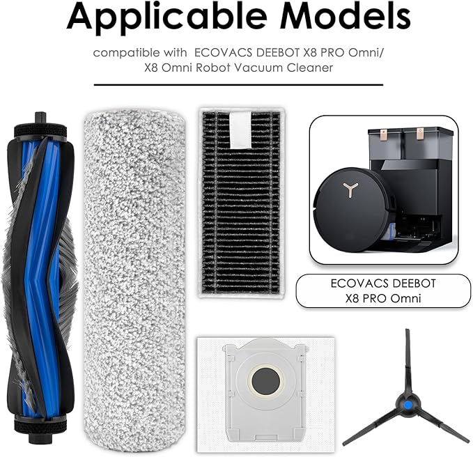 (9 Pack) X8 Pro Omni Replacement Parts Compatible with ECOVACS DEEBOT X8 PRO Omni/ X8 Omni Robot Vacuum, 1 Roller Brush, 2 Brush Rollers, 2 Side Brushes, 2 Dust Bags, 2 HEPA Filters, Accessories Kit