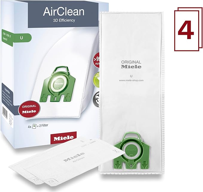 Miele Original AirClean 3D Efficiency U Vacuum Cleaner Bags for Miele Dynamic U1 and S7 Models, Filters More Than 99.9% of Dust, Pack of 4 – 10123230