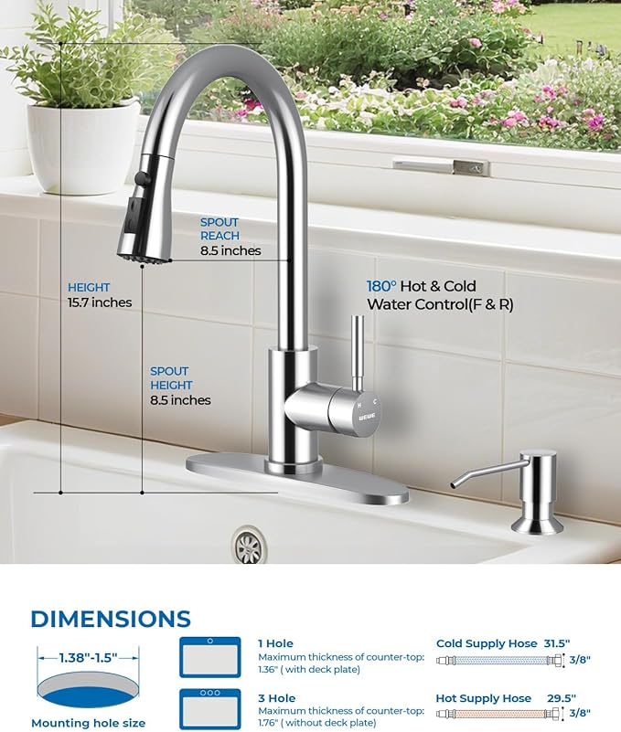 WEWE Kitchen Faucet with Soap Dispenser and Pull Down Sprayer, RV Single Handle Classic 3 Modes Stainless Steel Faucet for Kitchen Sink, RV, Polished Chrome