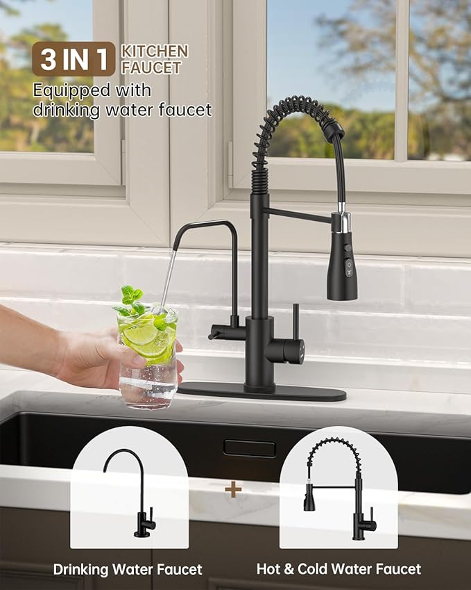 DAYONE Kitchen Faucet with Water Filter and Sprayer, 3 in 1 Pull Down Faucet with Purfied Water Faucet, 20 Inches High Arc Kitchen Water Filter Faucet, Matte Black (Without Filtration Device)