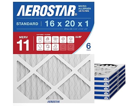Aerostar 16x20x1 MERV 11 Air Filter, 6 Count, ACTUAL SIZE (15.50 x 19.50 x 0.75 ), HVAC, Air Conditioning & Furnace Filter for Dust, Pet Dander, Smoke & Allergies (MPR 1200 / FPR 7), Made in USA